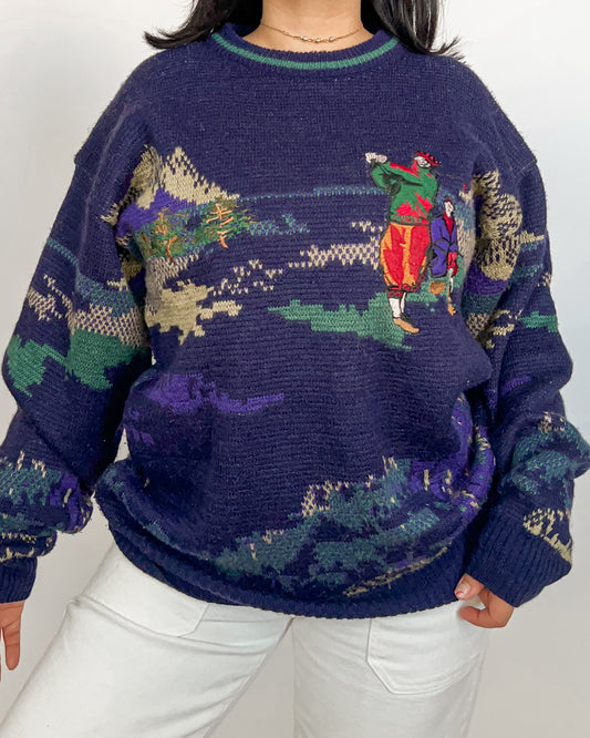 Navy Blue Golf Embroidered Knitted Sweater