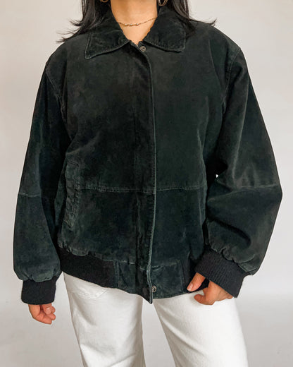 Black Suede Leather Bomber Jacket