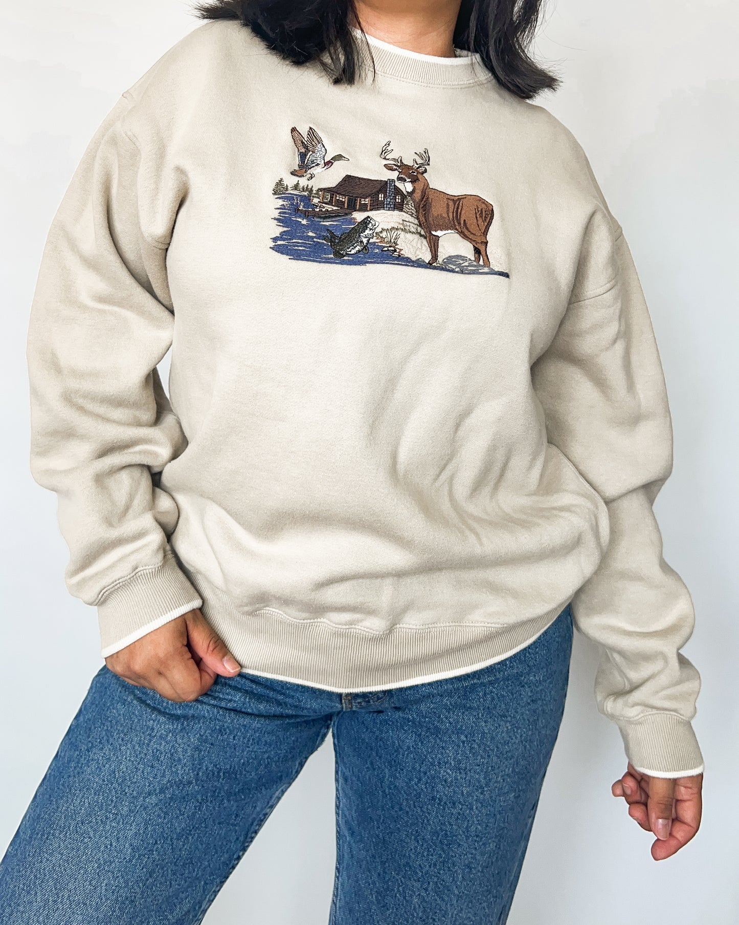 Deer Embroidered Crewneck Sweater