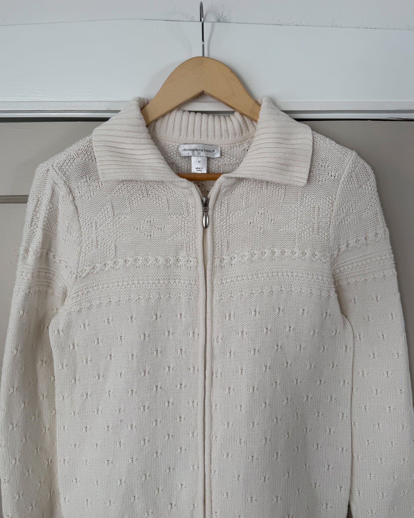 White Textured Zip Up Sweater
