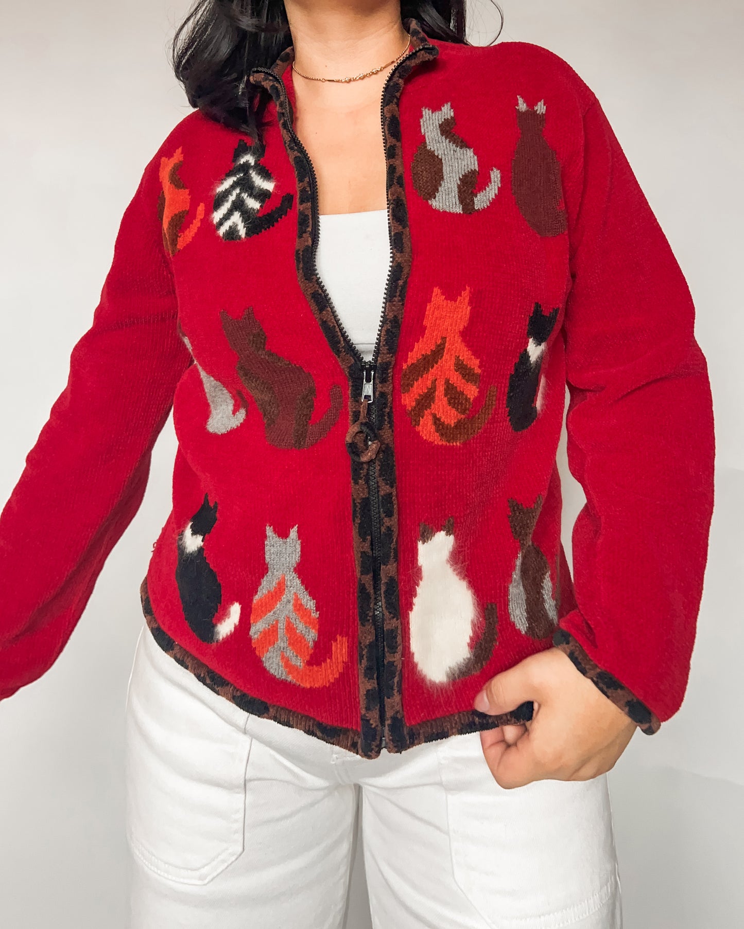 Cat Chenille Zip Up Cardigan