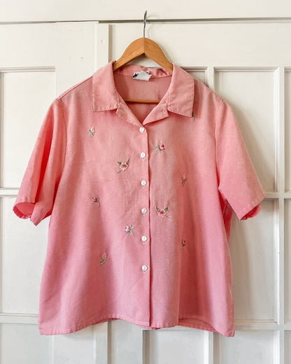 Floral Embroidered Pink Button Up