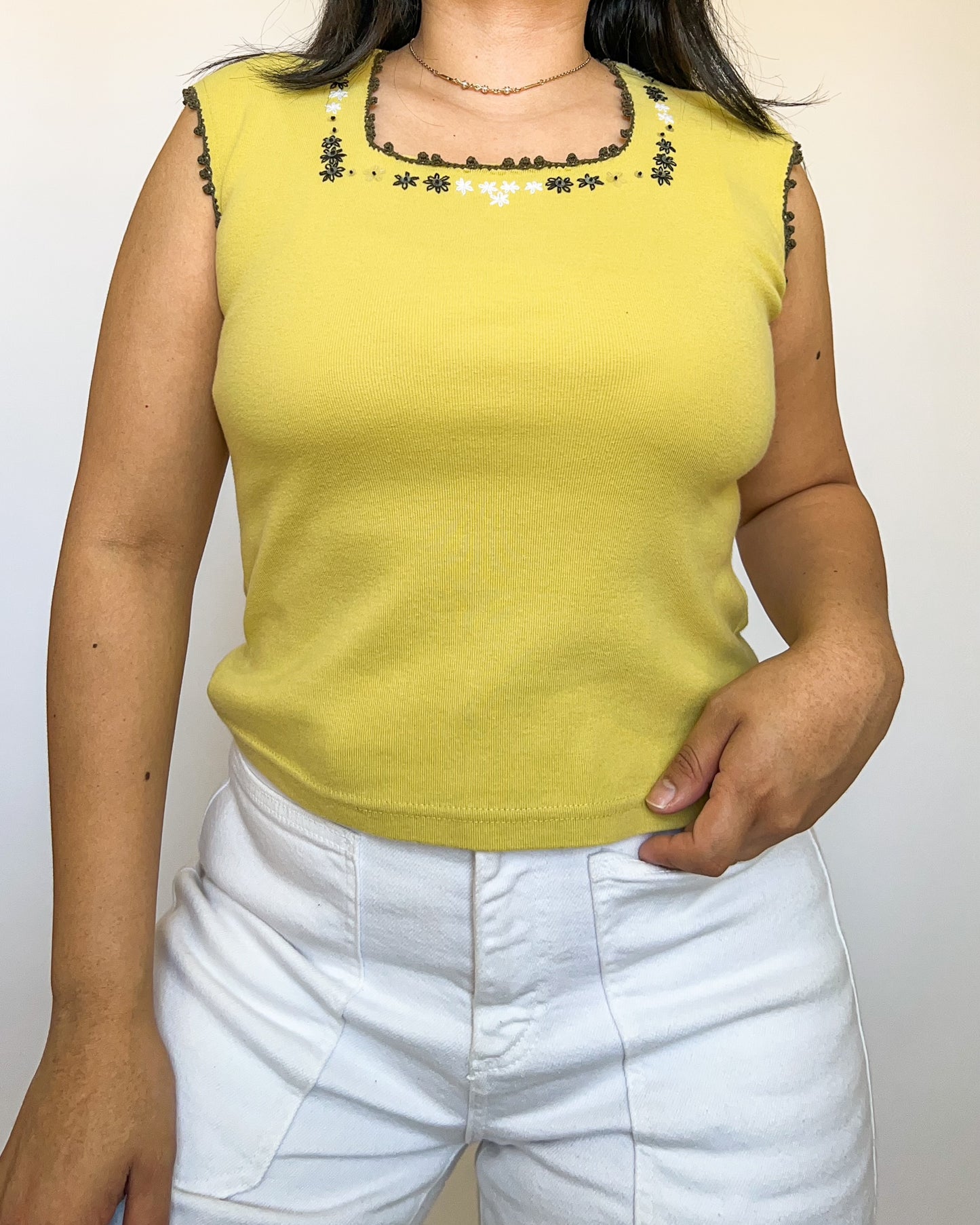 Lime Green Floral Stitched Tank