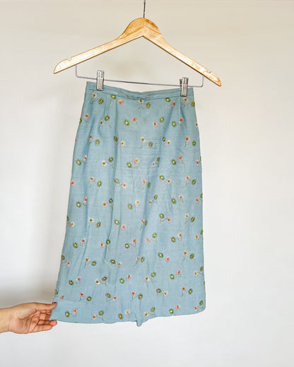 Blue Floral Embroidered Midi Skirt