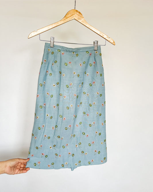 Blue Floral Embroidered Midi Skirt