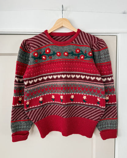 Heart Patterned Puff Sleeve Sweater