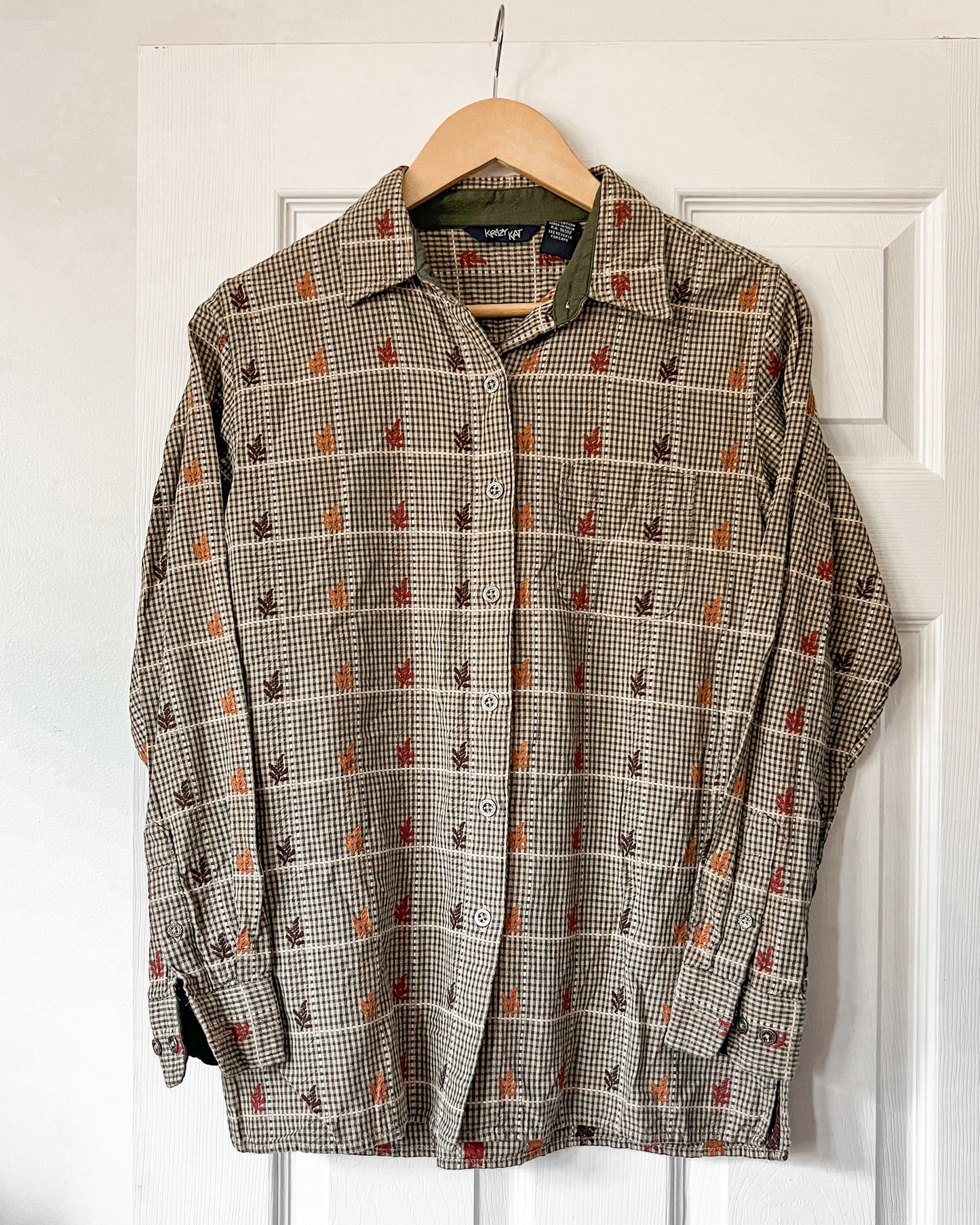 Leaf Embroidered Gingham Button Up Shirt