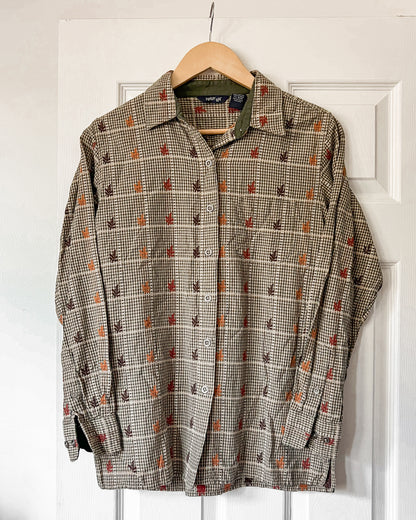 Leaf Embroidered Gingham Button Up Shirt