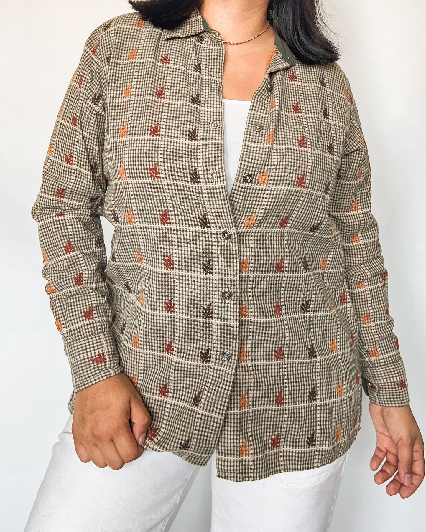 Leaf Embroidered Gingham Button Up Shirt