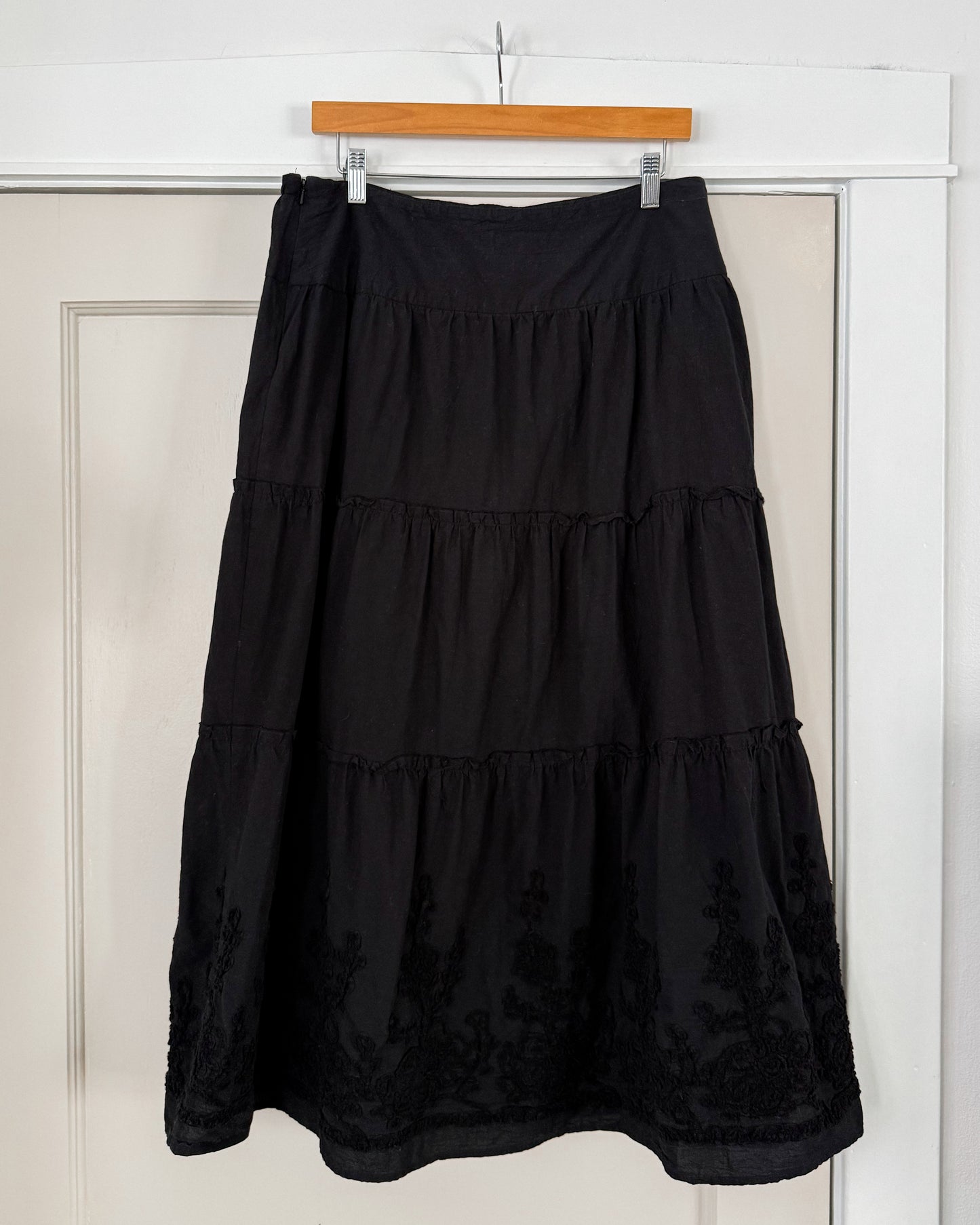 Black Tiered Maxi Skirt Floral Details