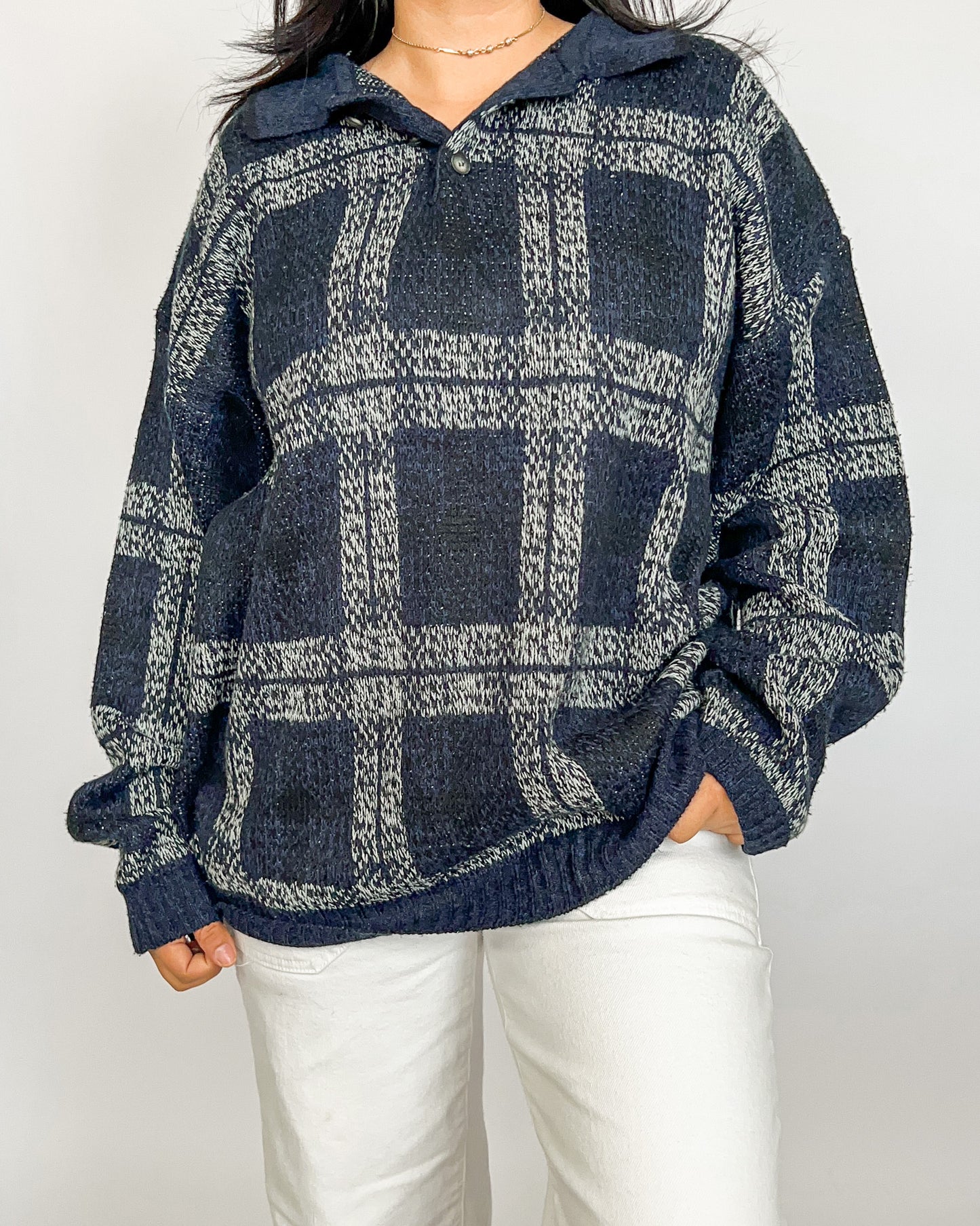 Navy Plaid Knitted Henley