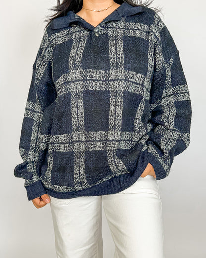 Navy Plaid Knitted Henley