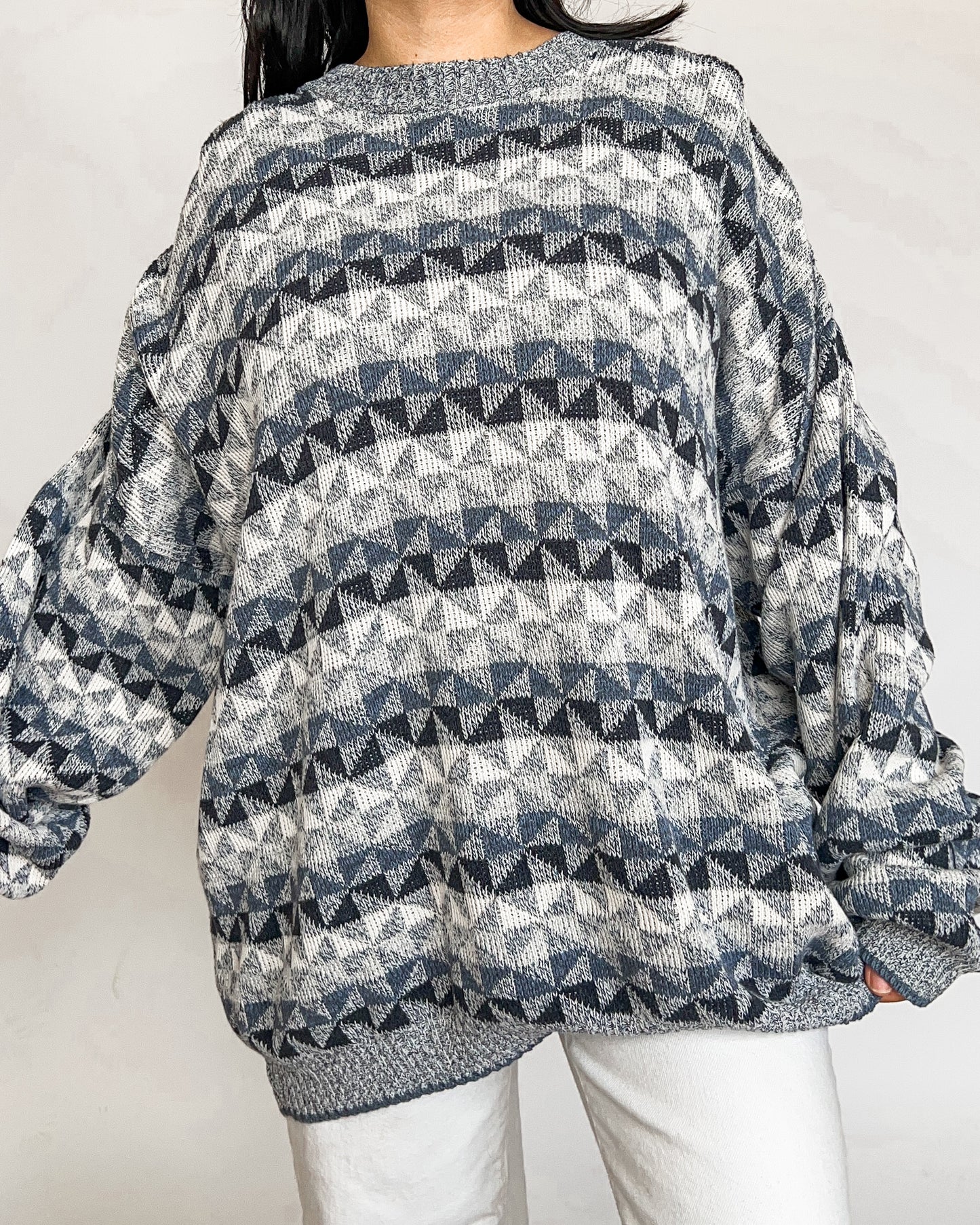 Blue Geometric Patterned Knitted Sweater