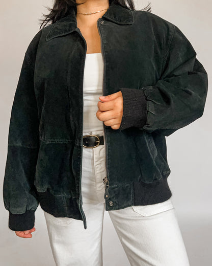 Black Suede Leather Bomber Jacket