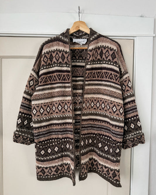 Brown Multi Patterned Long Open Cardigan