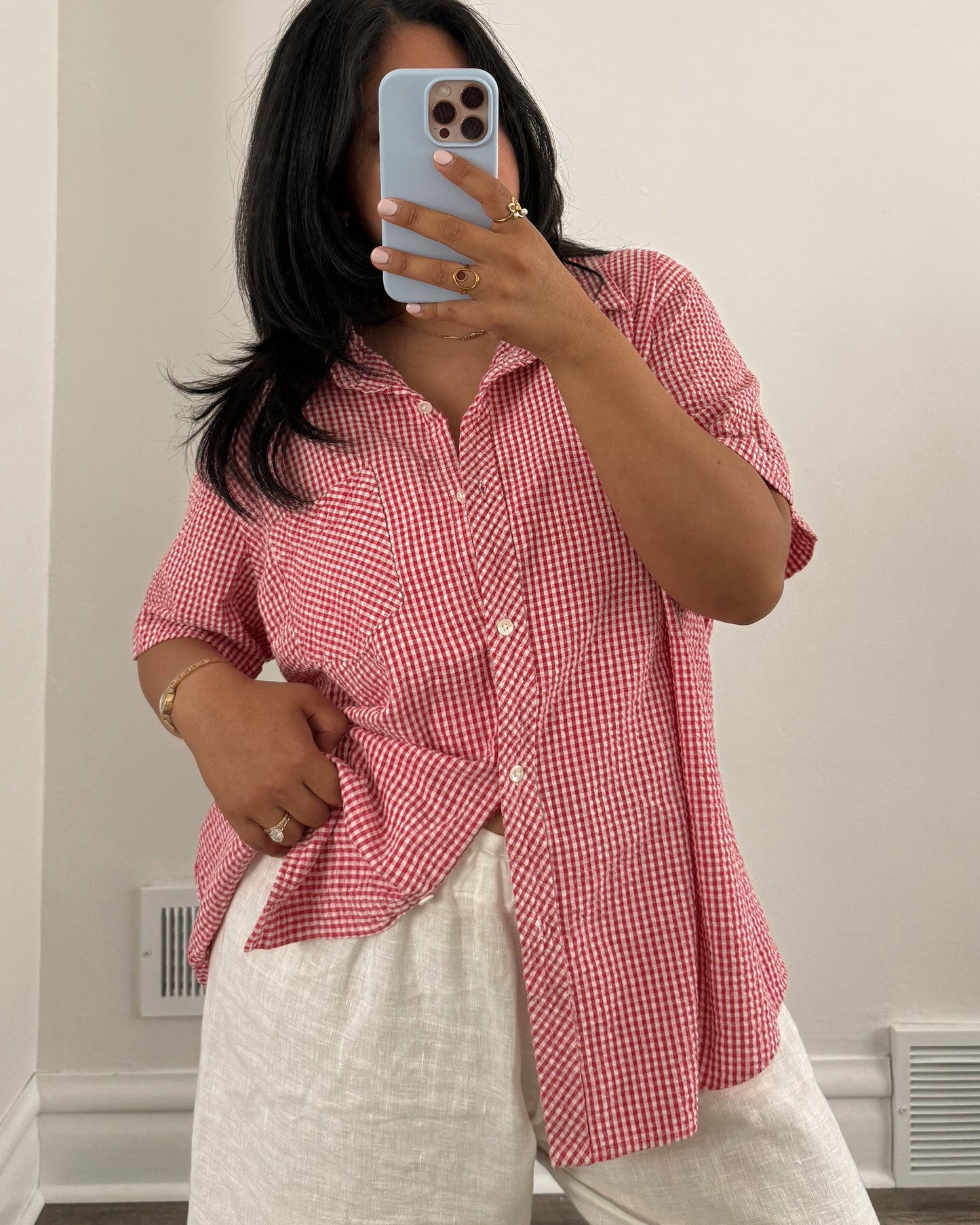 Red Gingham Button Down Short Sleeve Shirt