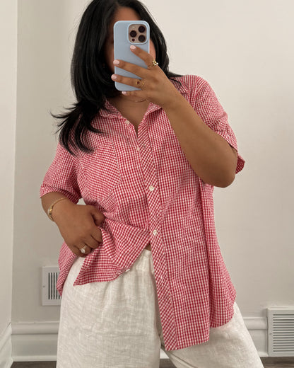Red Gingham Button Down Short Sleeve Shirt