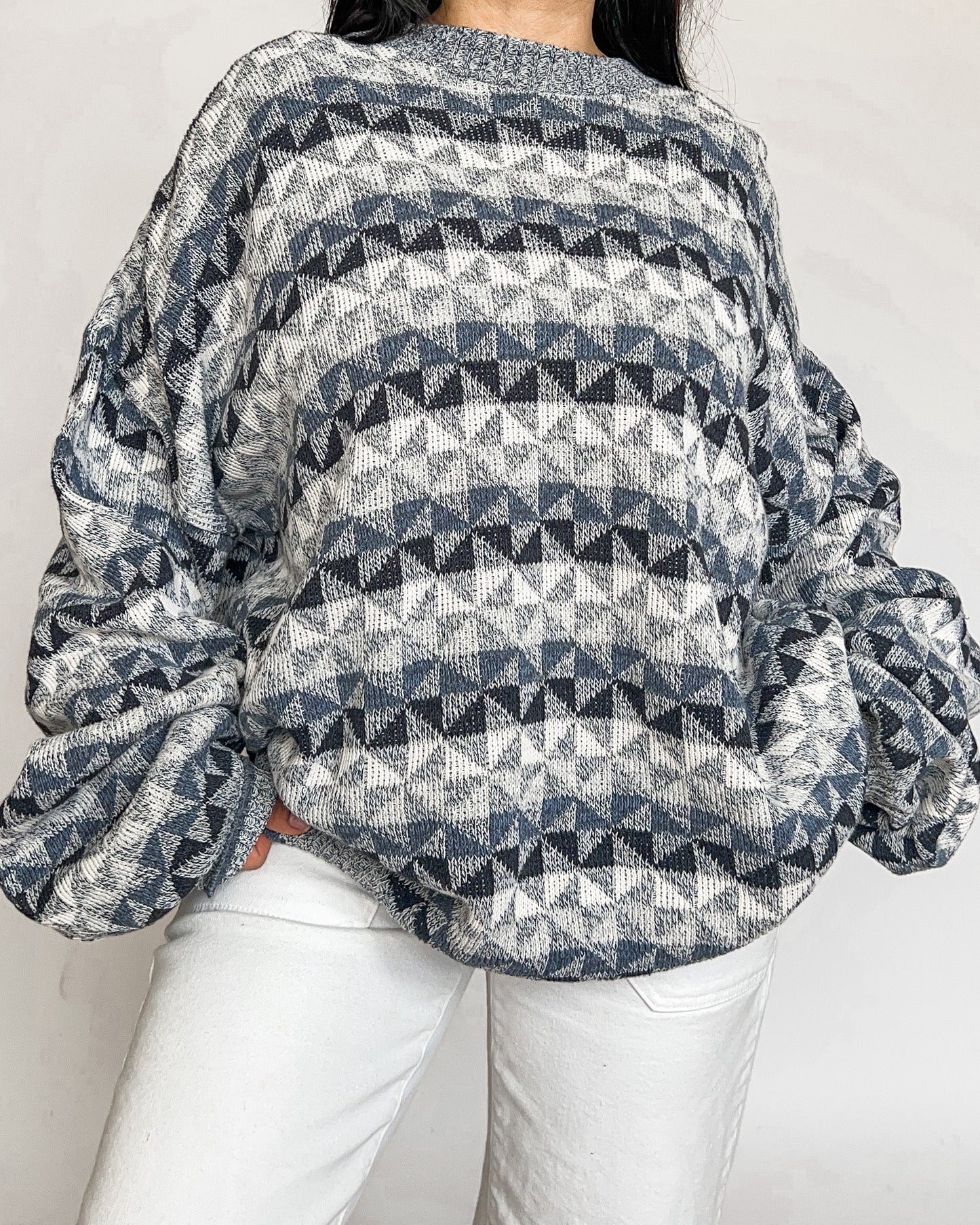 Blue Geometric Patterned Knitted Sweater