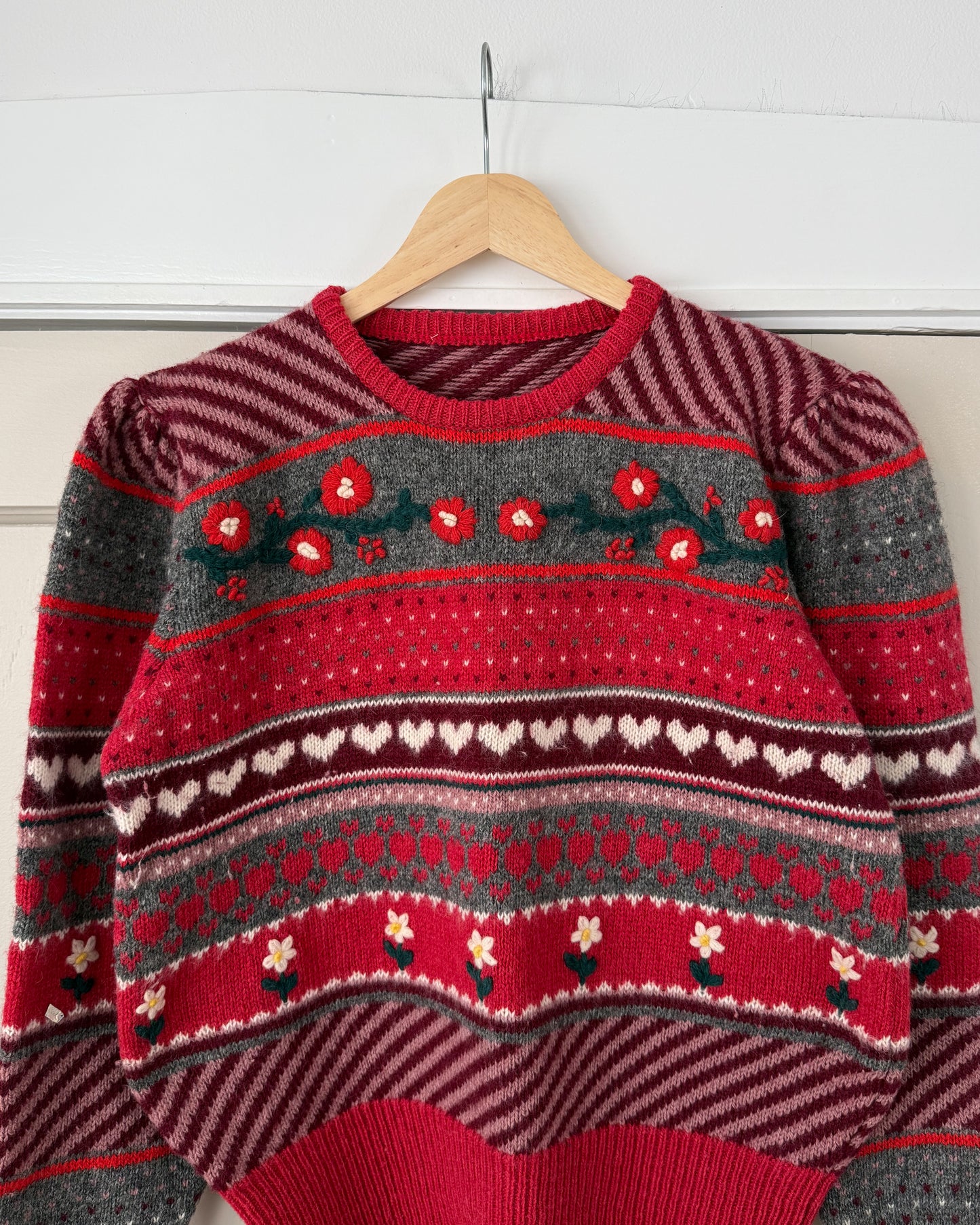 Heart Patterned Puff Sleeve Sweater