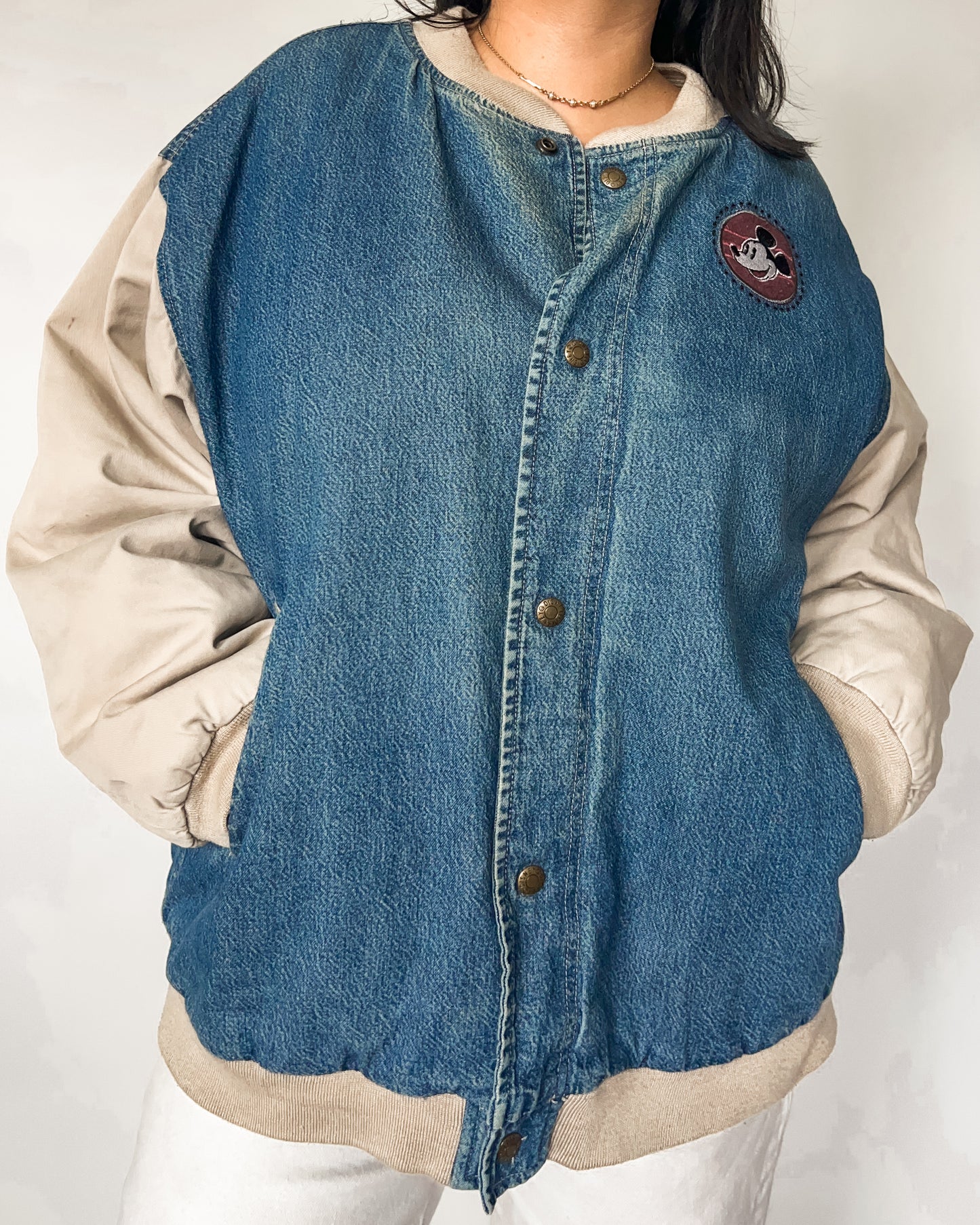 Mickey Denim Varsity Bomber Jacket