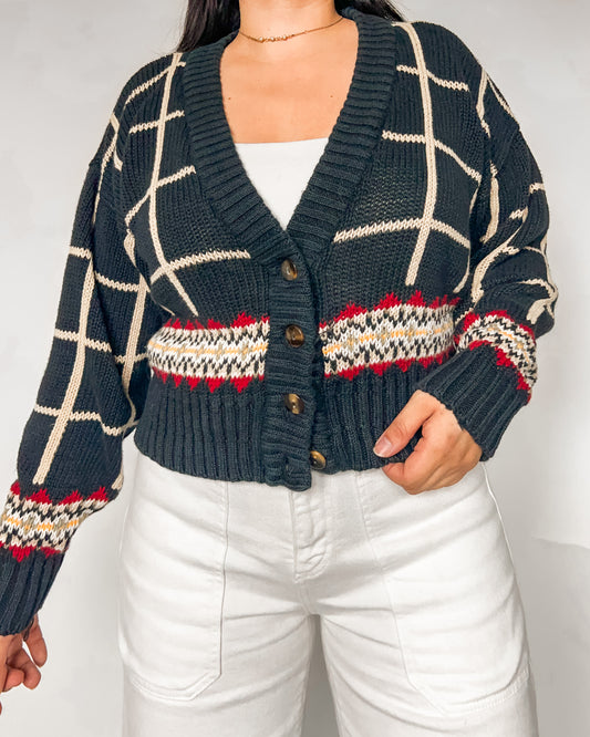 Cropped Plaid Knitted Cardigan