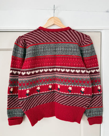 Heart Patterned Puff Sleeve Sweater