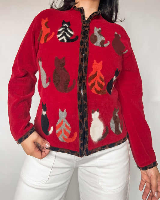 Cat Chenille Zip Up Cardigan