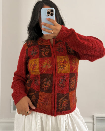 90’s Red Leaf Zip Up Sweater