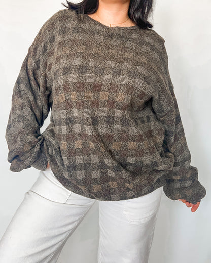 Brown Checkered Knitted Sweater