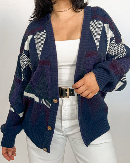 Navy Blue Abstract Knitted Cardigan