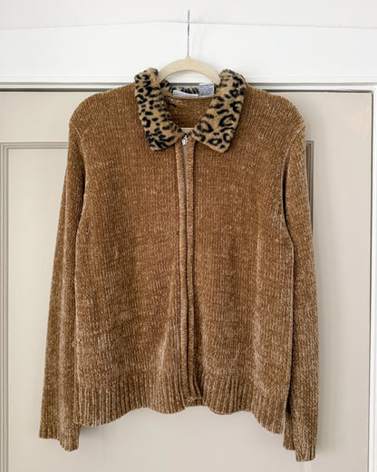 Leopard Collar Zip Up Sweater