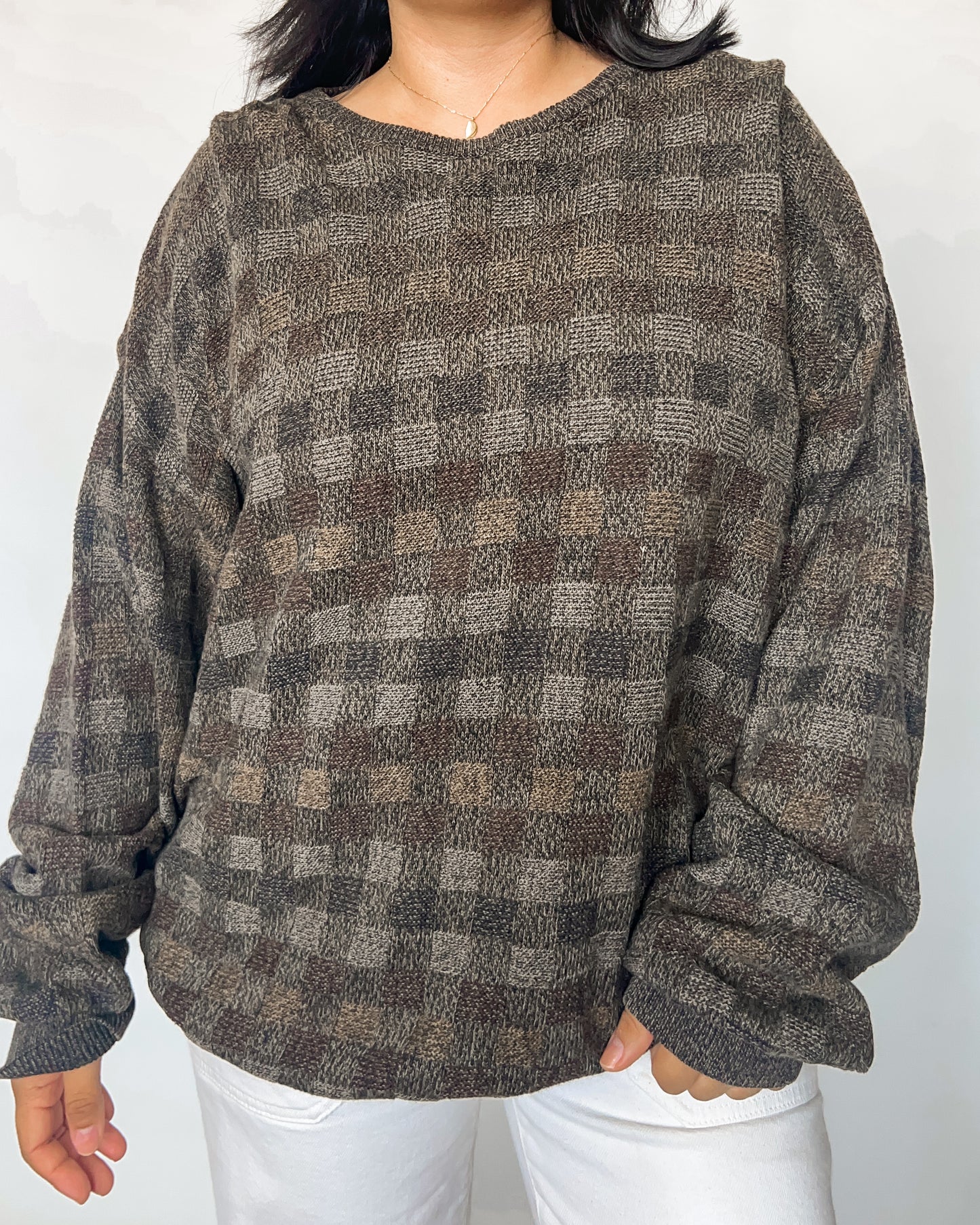 Brown Checkered Knitted Sweater