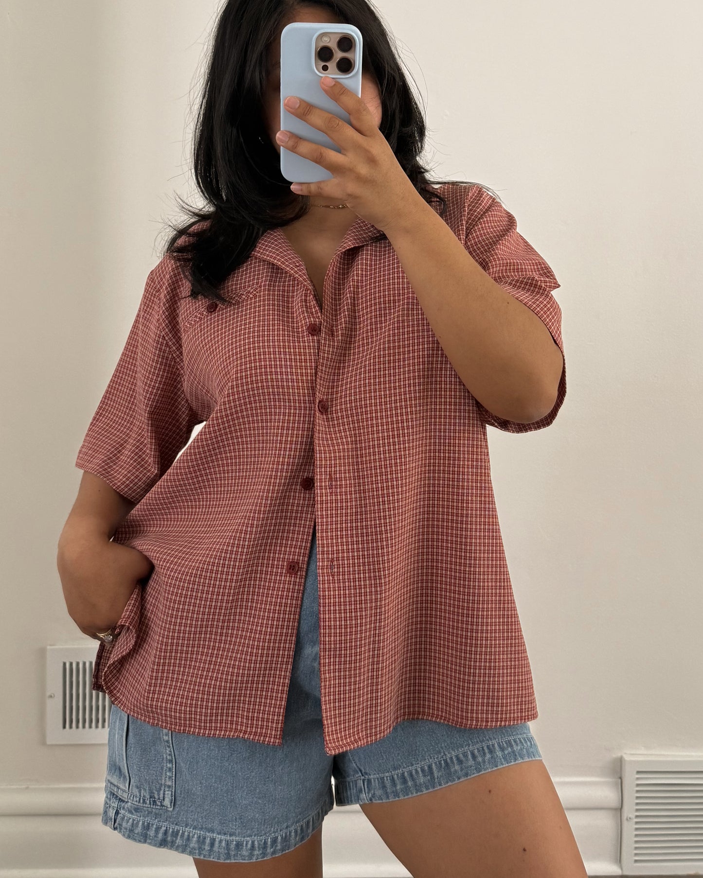 Red Plaid Button Down Short Sleeve Shirt