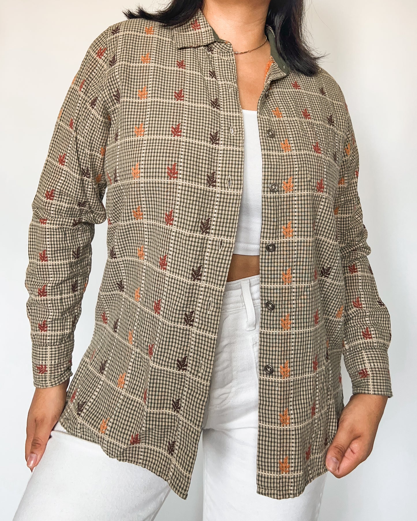 Leaf Embroidered Gingham Button Up Shirt
