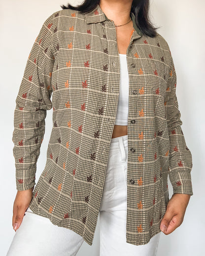 Leaf Embroidered Gingham Button Up Shirt