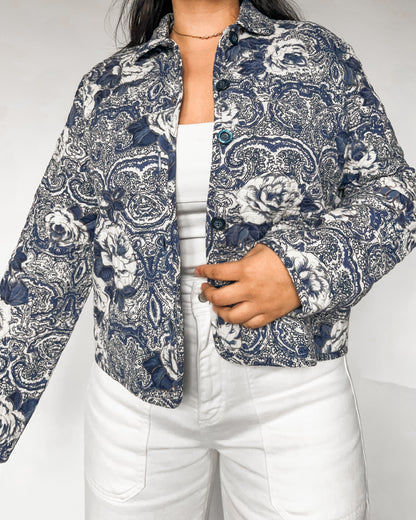 Blue Floral Primted Quilted Jacket