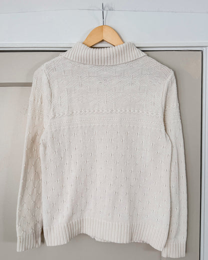 White Textured Zip Up Sweater