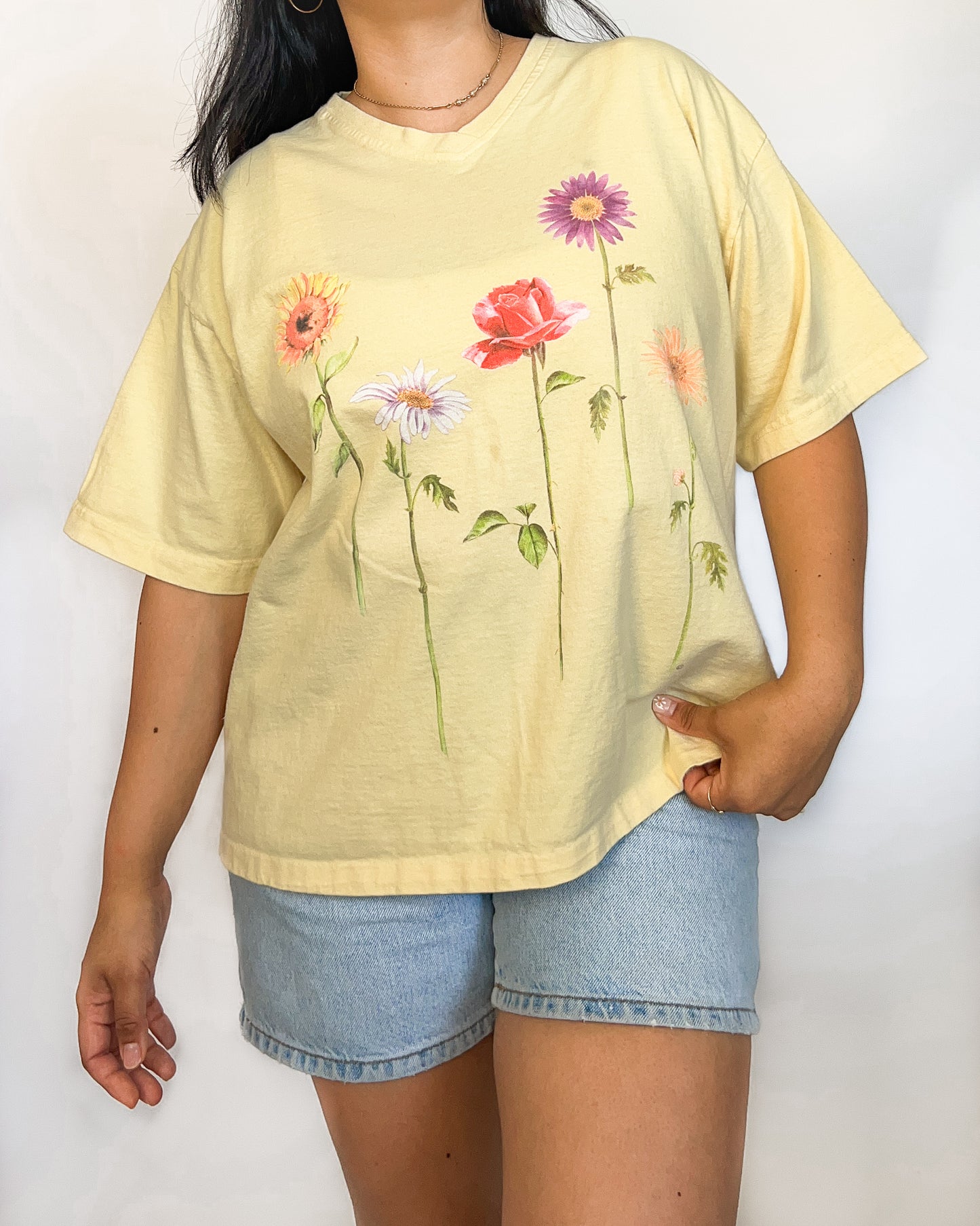 Yellow Floral V Neck T Shirt