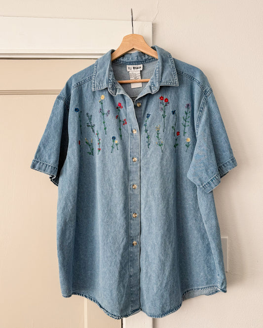 Floral Embroidered Denim Button Up Shirt