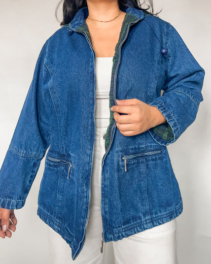 Denim Hooded Plaid Lined Jacket