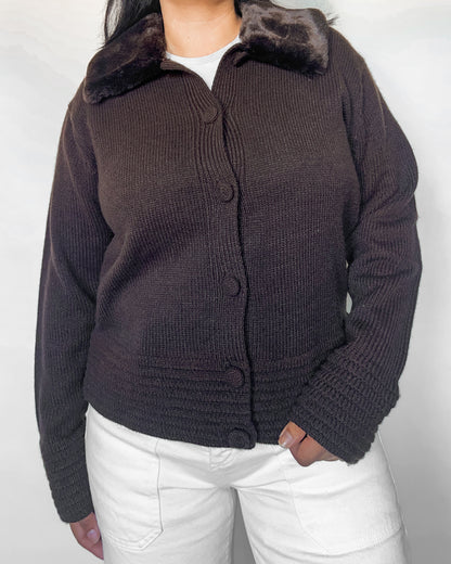 Brown Cardigan with Faux Fur Collar
