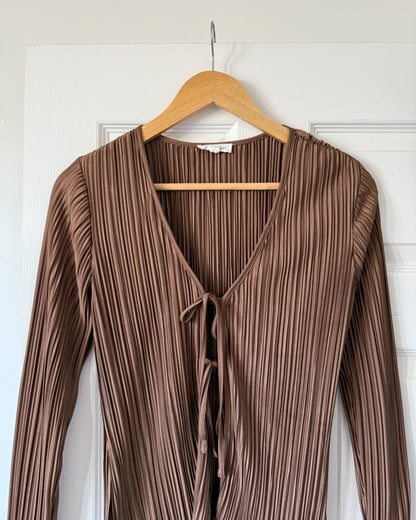 Brown Tie Flutter Sleeve Blouse