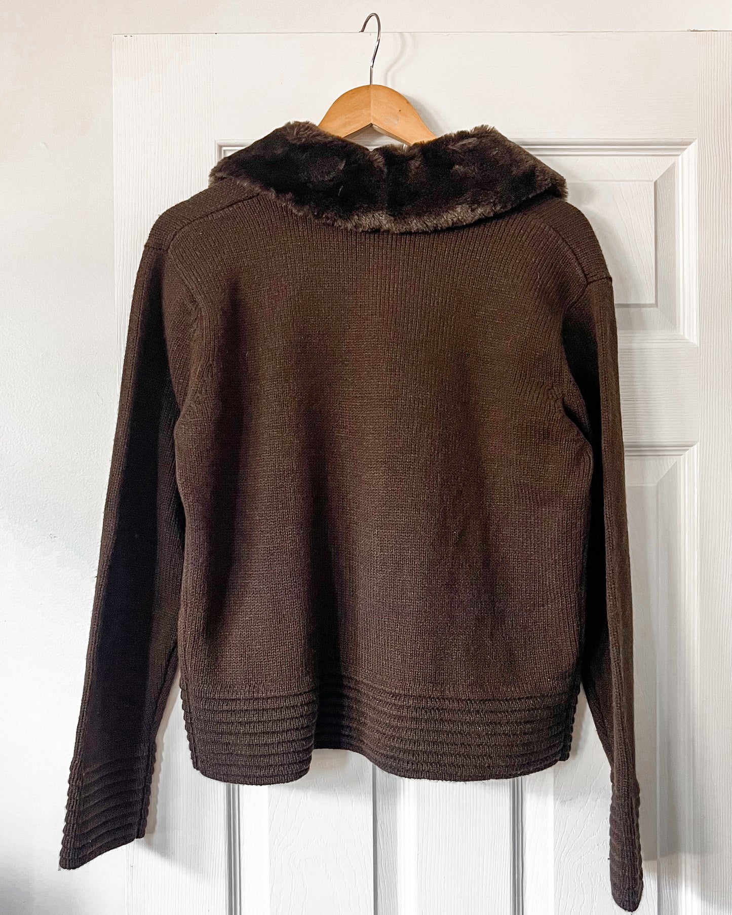 Brown Cardigan with Faux Fur Collar