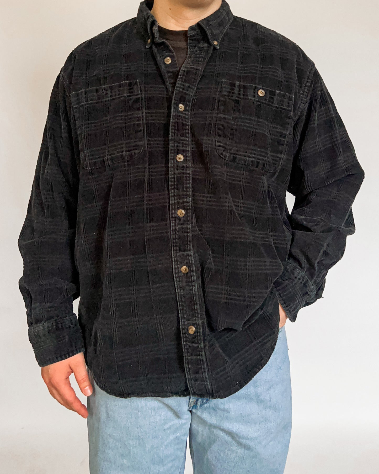 Micro-Corduroy Navy Button Up