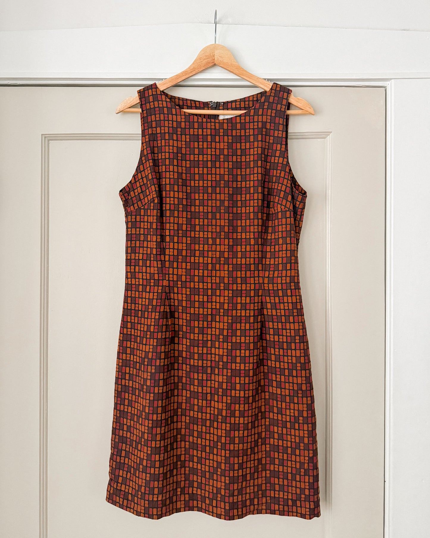 Vintage Silk Geometric Grid Dress