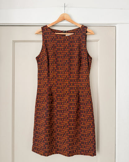 Vintage Silk Geometric Grid Dress