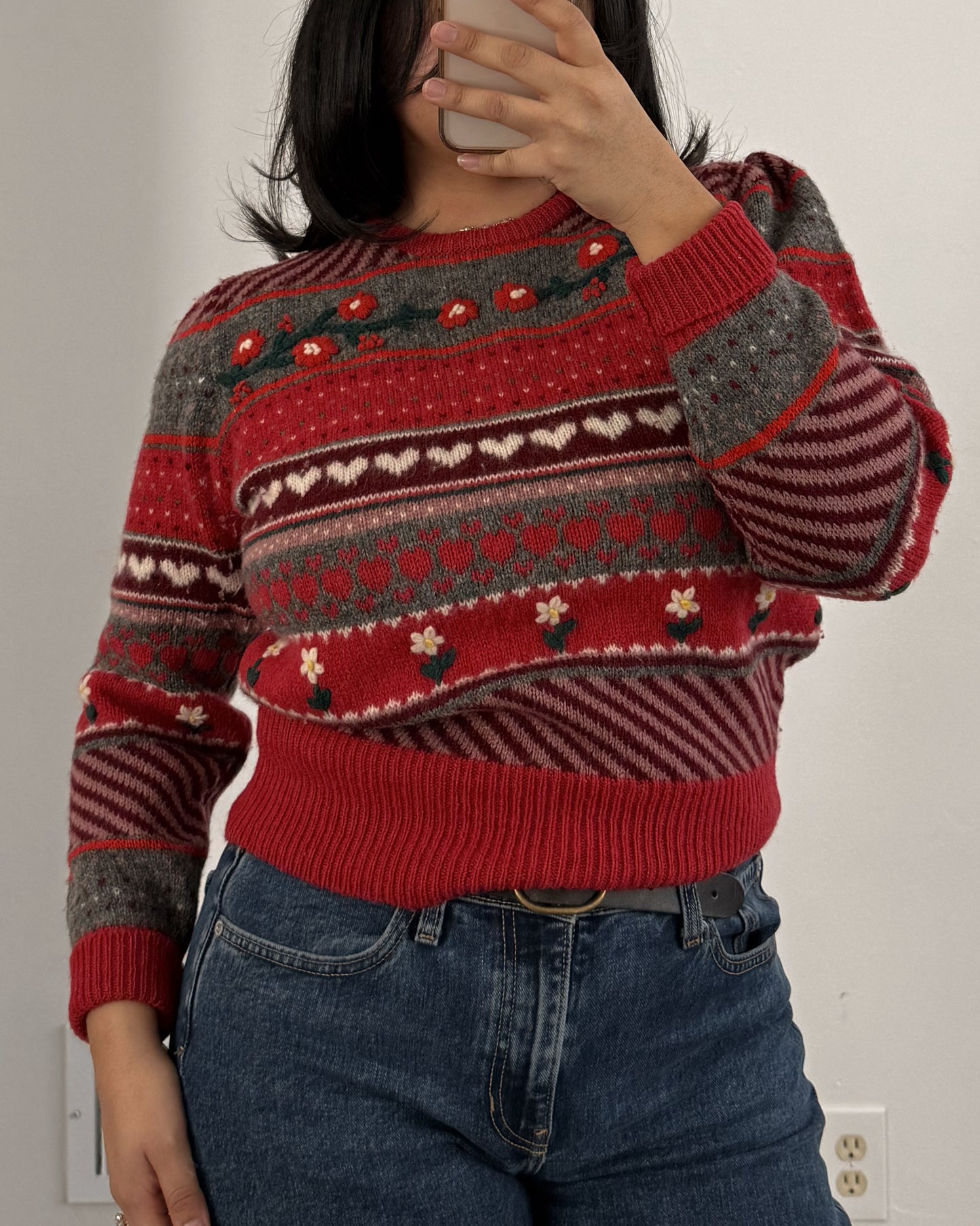 Heart Patterned Puff Sleeve Sweater