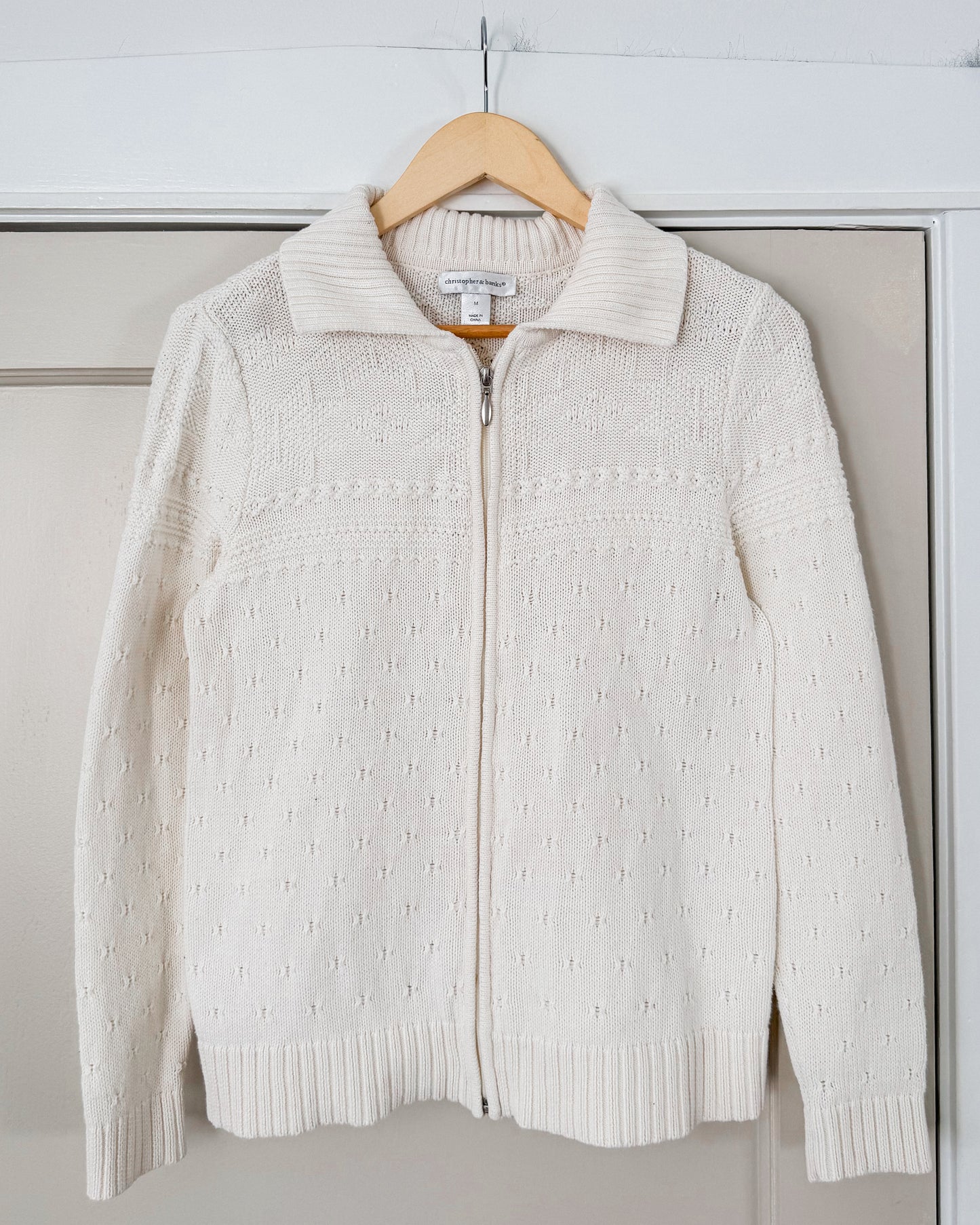 White Textured Zip Up Sweater