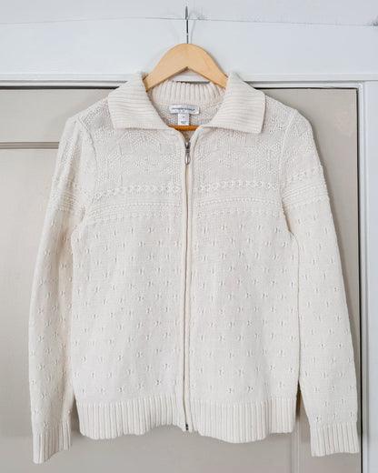 White Textured Zip Up Sweater