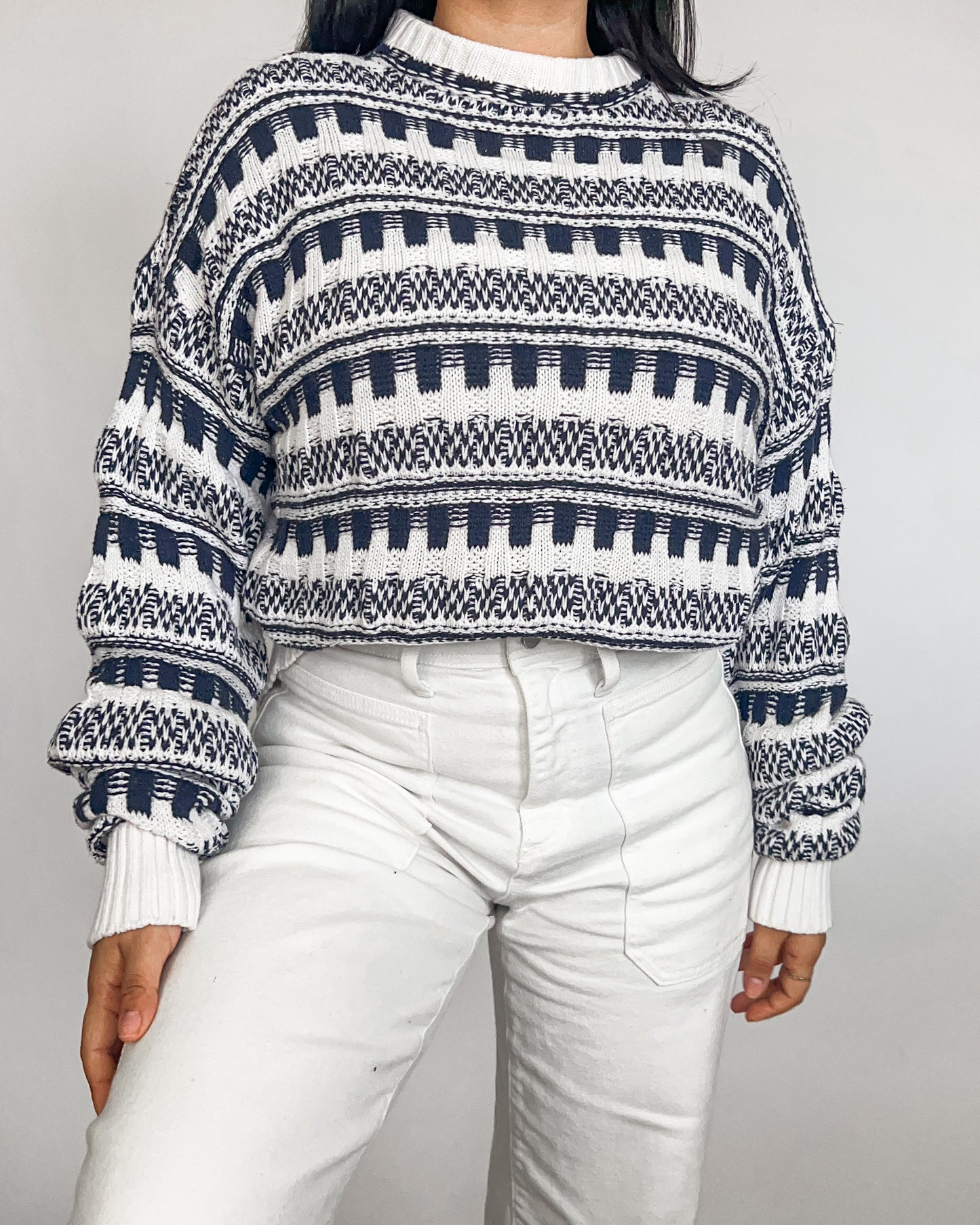 White and Navy Blue Knitted Crew